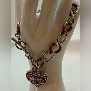 HARD ROCK CAFE PURPLE ENAMEL DOUBLE HEART CHARM BRACELET SILVERTONE TOGGLE CHAIN